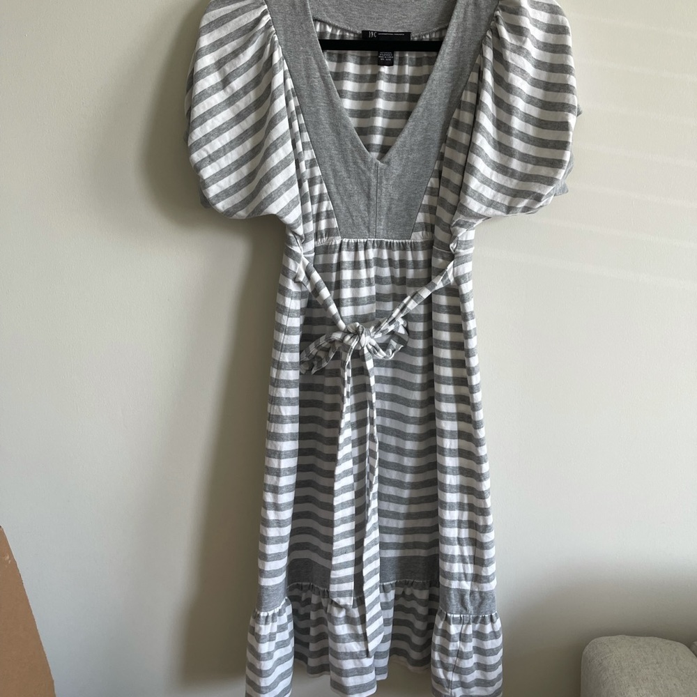 INC White and Gray Striped Midi Dress